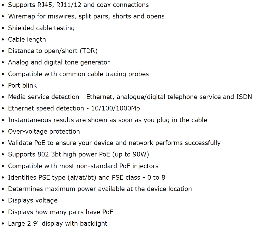 מכשיר בדיקה לכבלי תקשורת IDEAL NETWORKS POE PRO R158004 TEXT